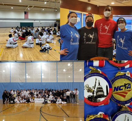 Collage of pictures showing the ACATA board, a group photo at the end of a tournament, a group photo while waiting for the closing ceremony, and medals from a tournament.