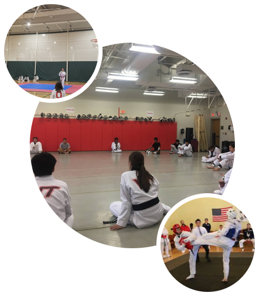 A collage of pictures showing an athlete performing a poomsae, two athletes sparring, and several athletes sitting around a room stretching and socializing.